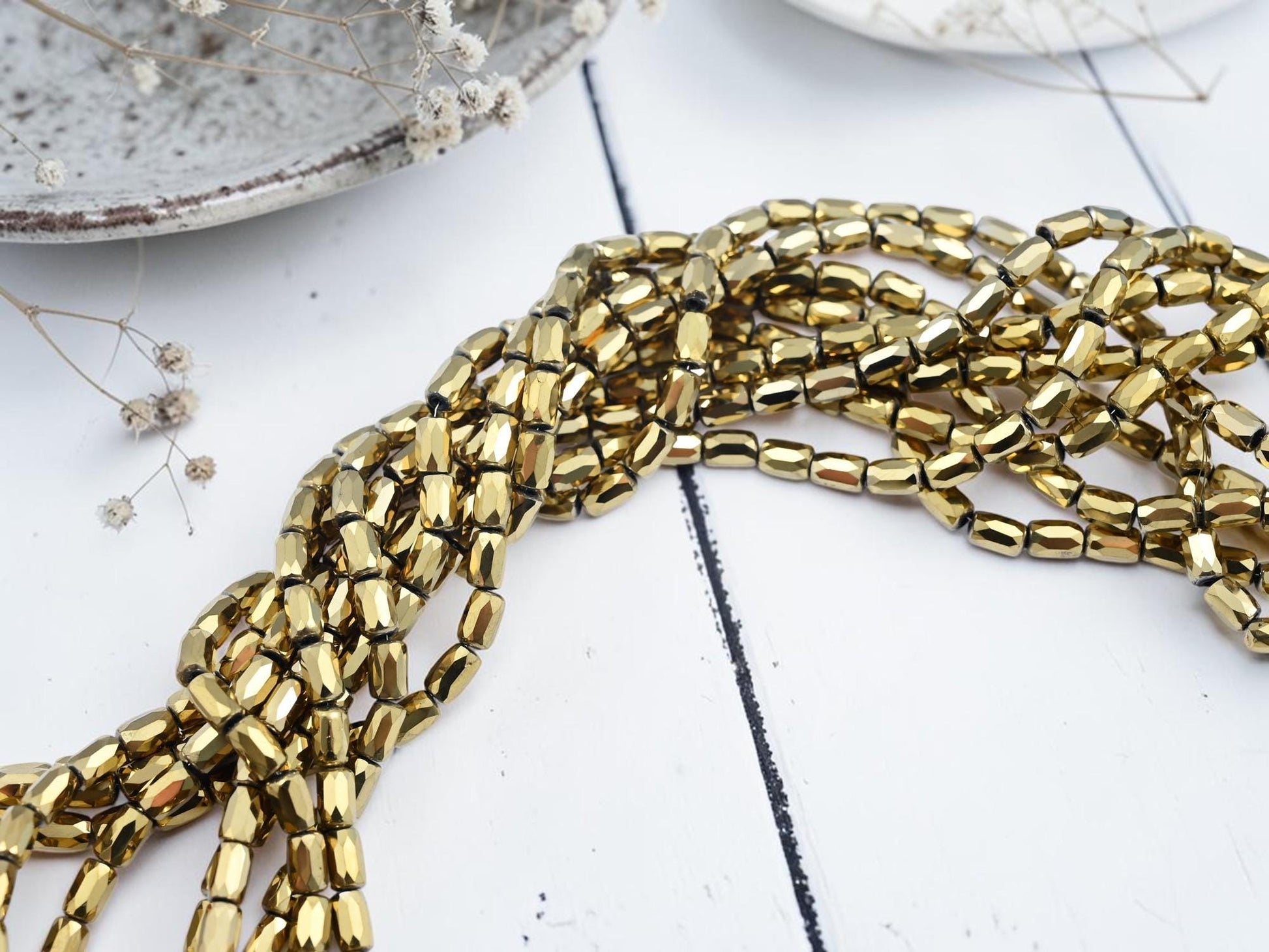 Electroplated Chinese Glass Faceted Tube Beads - Metallic Gold Iris - 4x6mm - 20" Strand - (B481)
