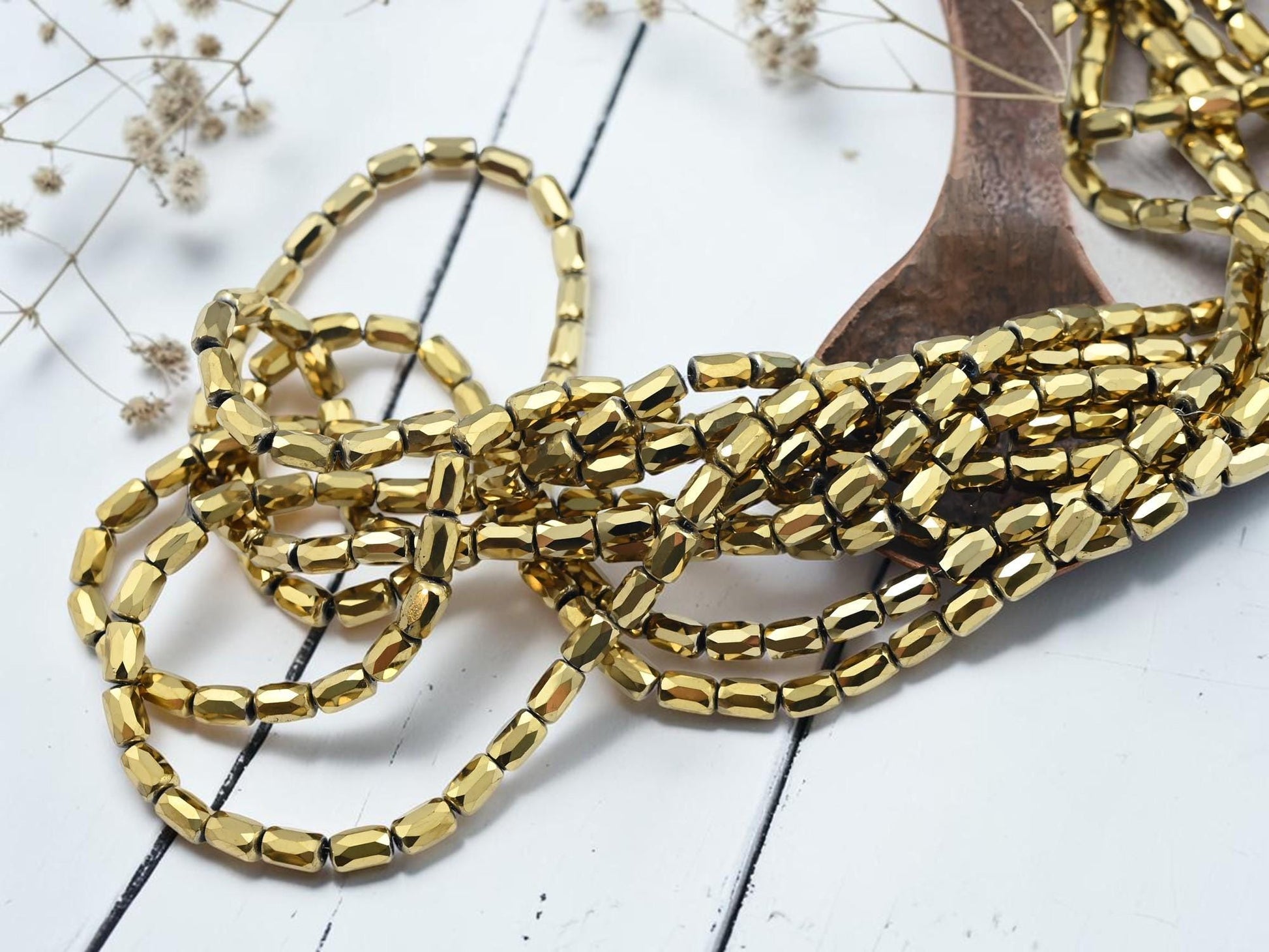 Electroplated Chinese Glass Faceted Tube Beads - Metallic Gold Iris - 4x6mm - 20" Strand - (B481)