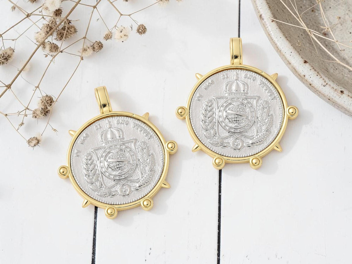 Mixed Metal Gold + Silver Ancient Roman Coin Style Pendant - 38x35mm - 1pcs - (A177)