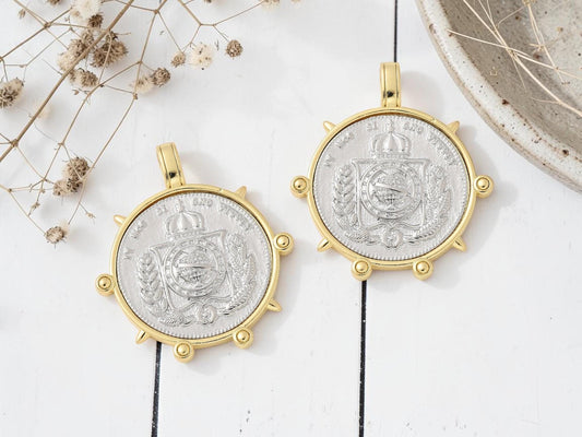 Mixed Metal Gold + Silver Ancient Roman Coin Style Pendant - 38x35mm - 1pcs - (A177)