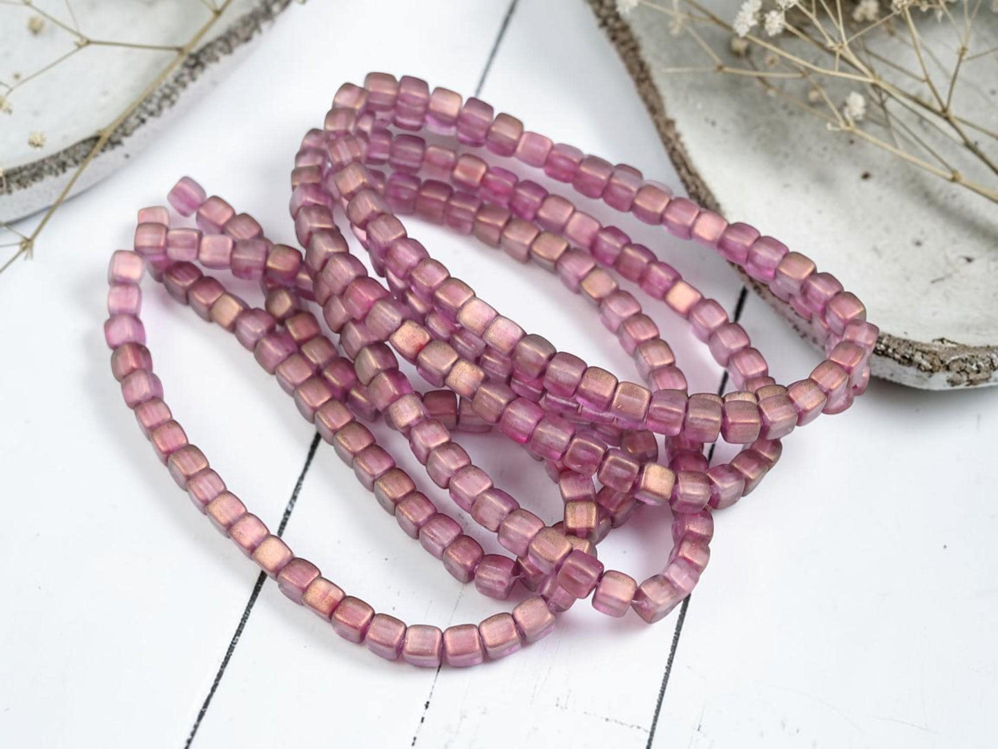 Czech Glass Cube Beads - Bronze Washed Pink Crystal - 4mm - 40pcs - (B532)