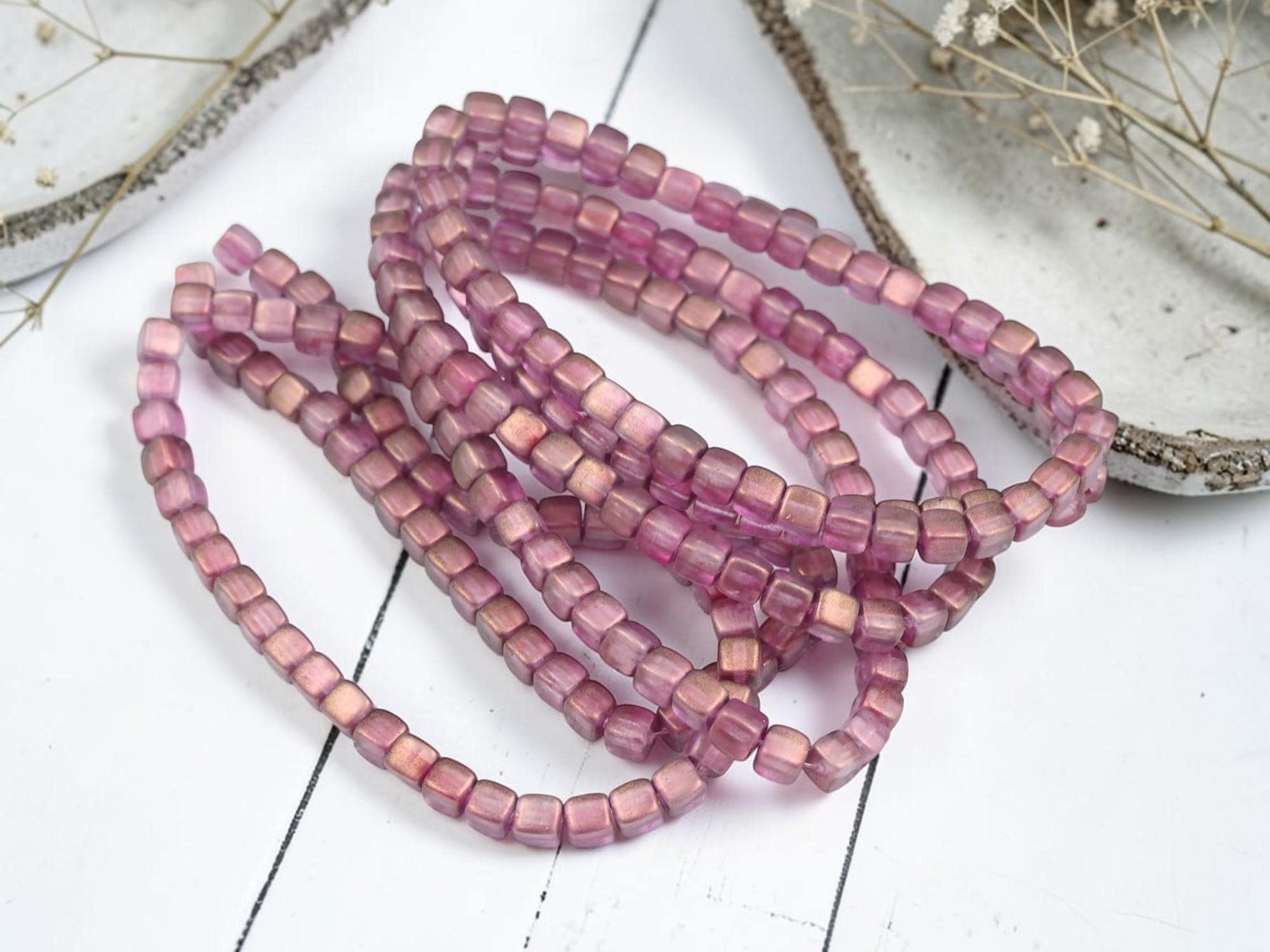 Czech Glass Cube Beads - Bronze Washed Pink Crystal - 4mm - 40pcs - (B532)