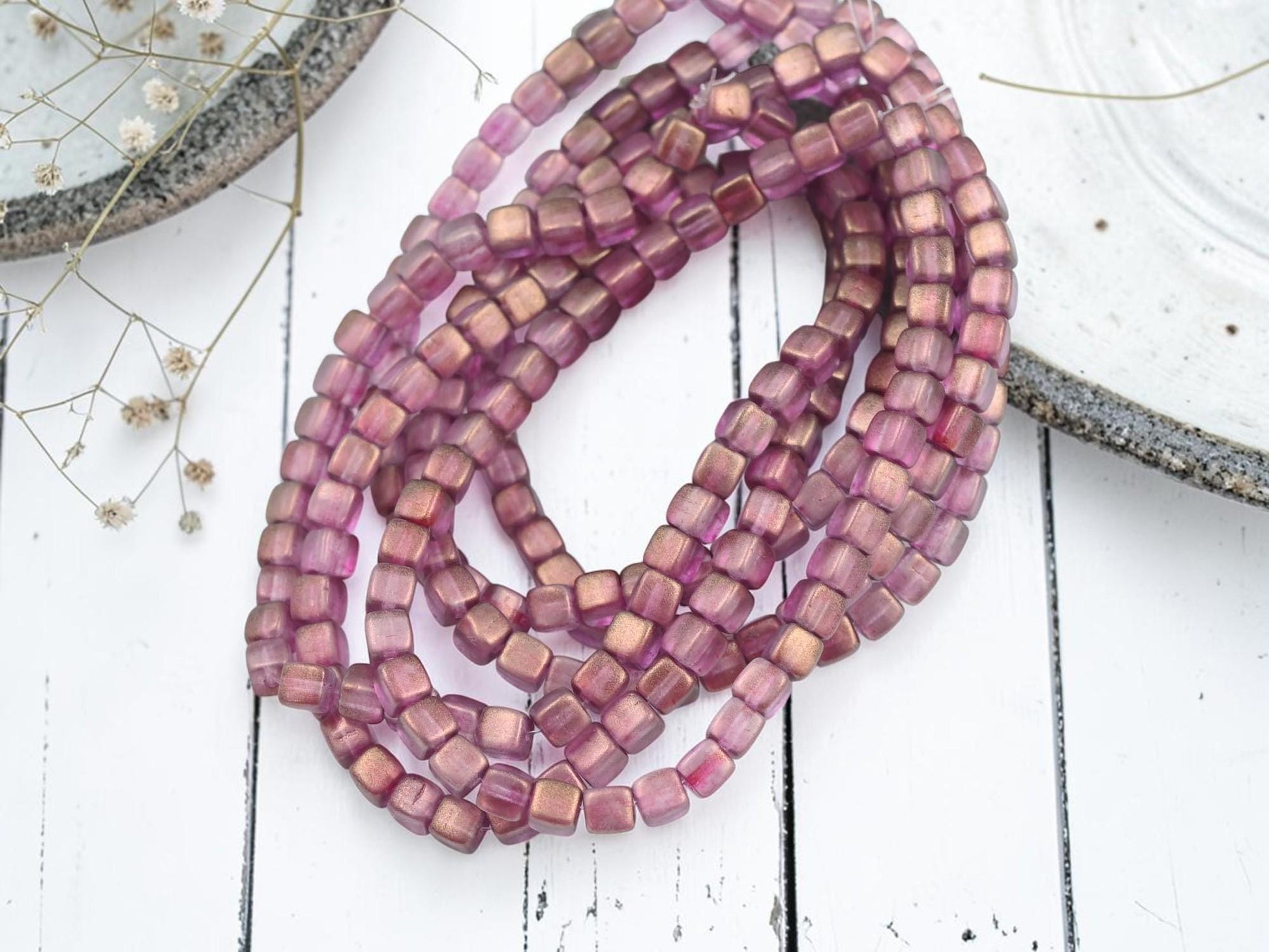 Czech Glass Cube Beads - Bronze Washed Pink Crystal - 4mm - 40pcs - (B532)