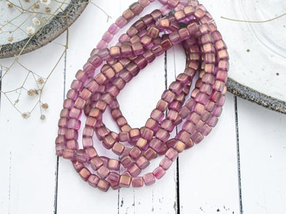 Czech Glass Cube Beads - Bronze Washed Pink Crystal - 4mm - 40pcs - (B532)