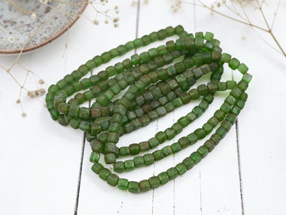 Czech Glass Cube Beads - Etched Green Picasso - 4mm - 40pcs - (A82)