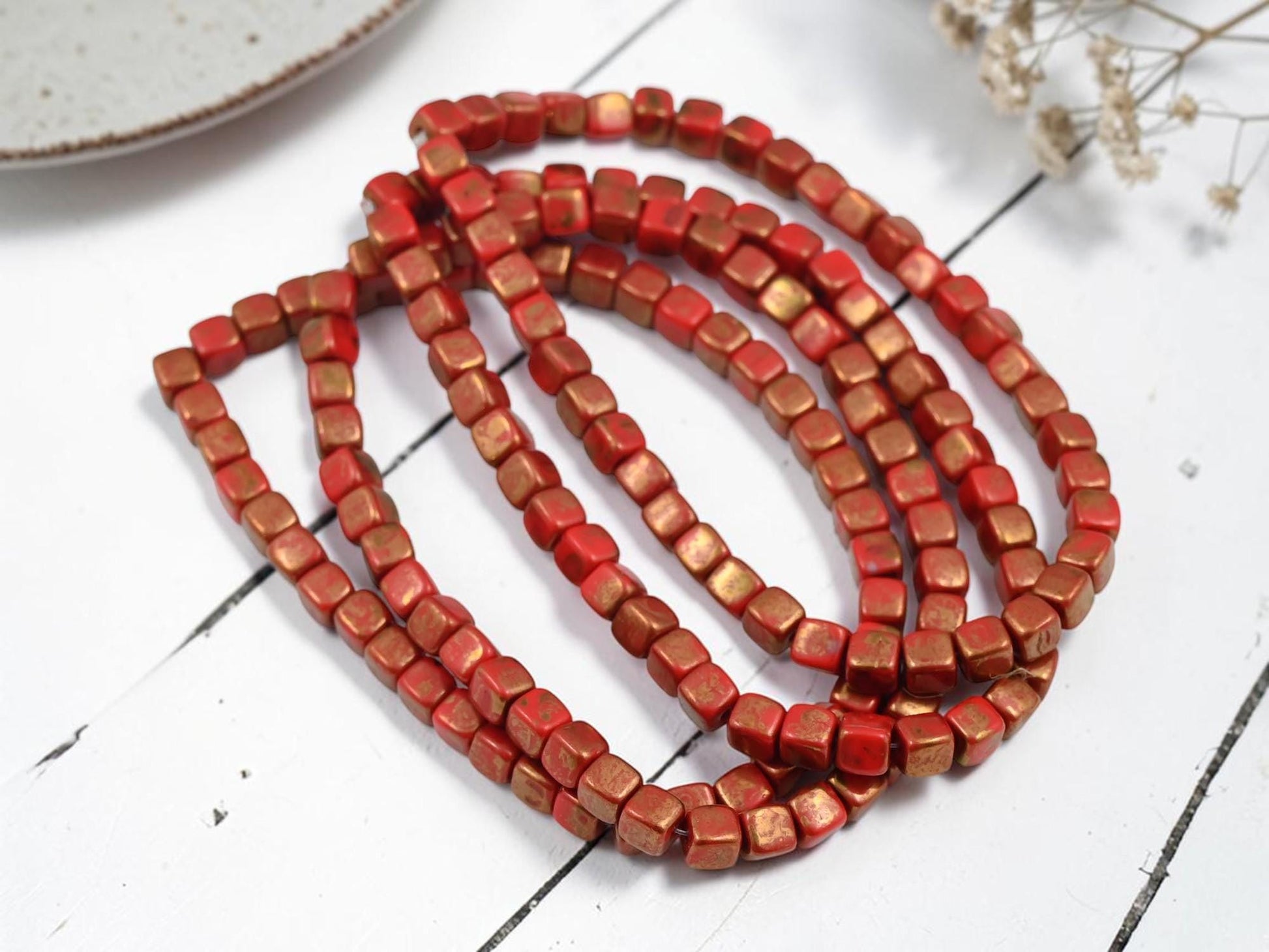 Czech Glass Cube Beads - Bronze Washed Opaque Red - 4mm - 40pcs - (6091)