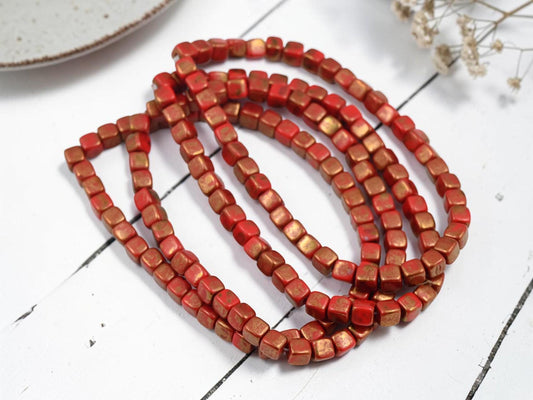 Czech Glass Cube Beads - Bronze Washed Opaque Red - 4mm - 40pcs - (6091)