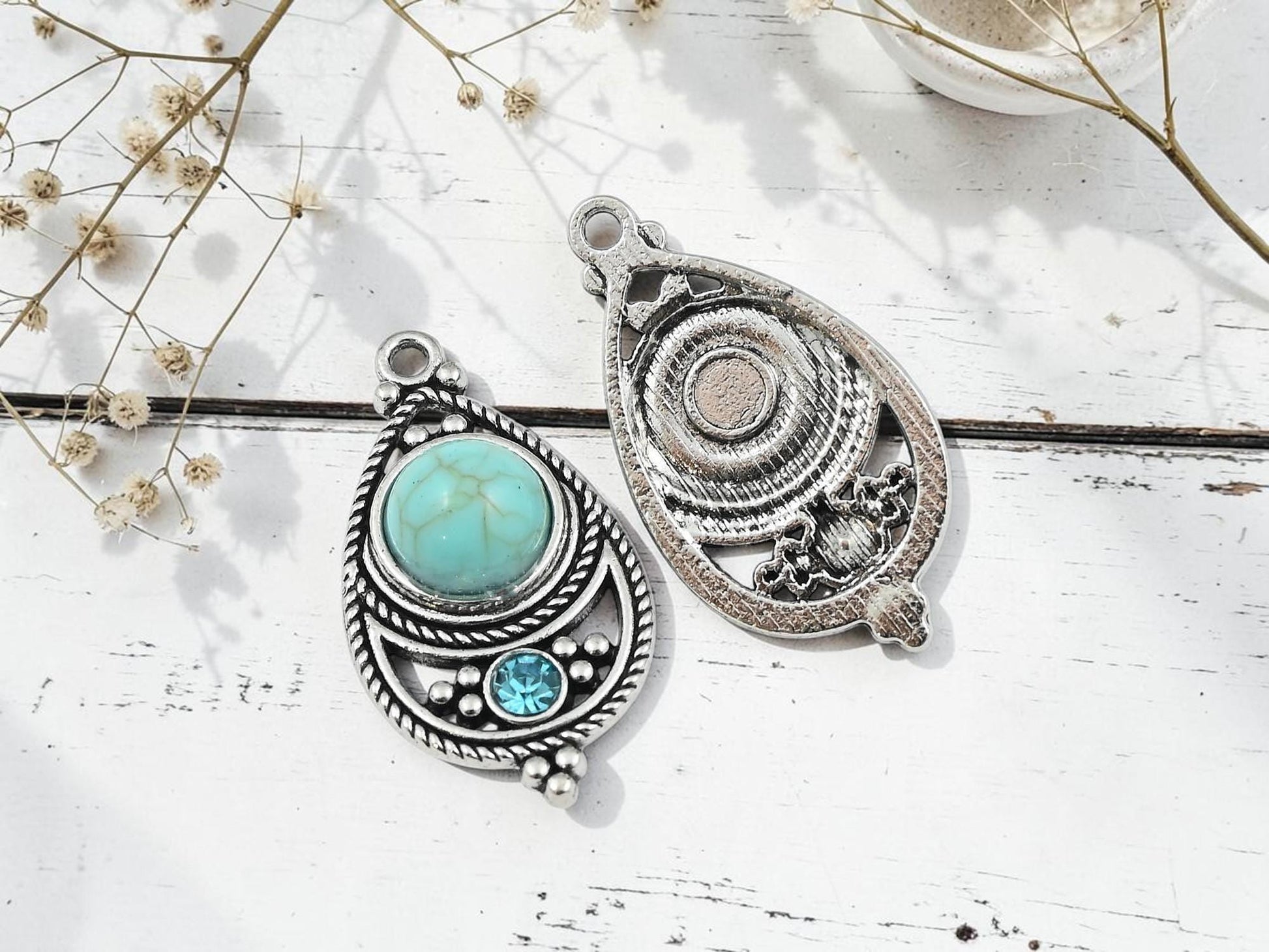 Antique Silver with Green Turquoise + Rhinestone Metal Charm Pendants - 34x18mm - 2pcs - (2176)