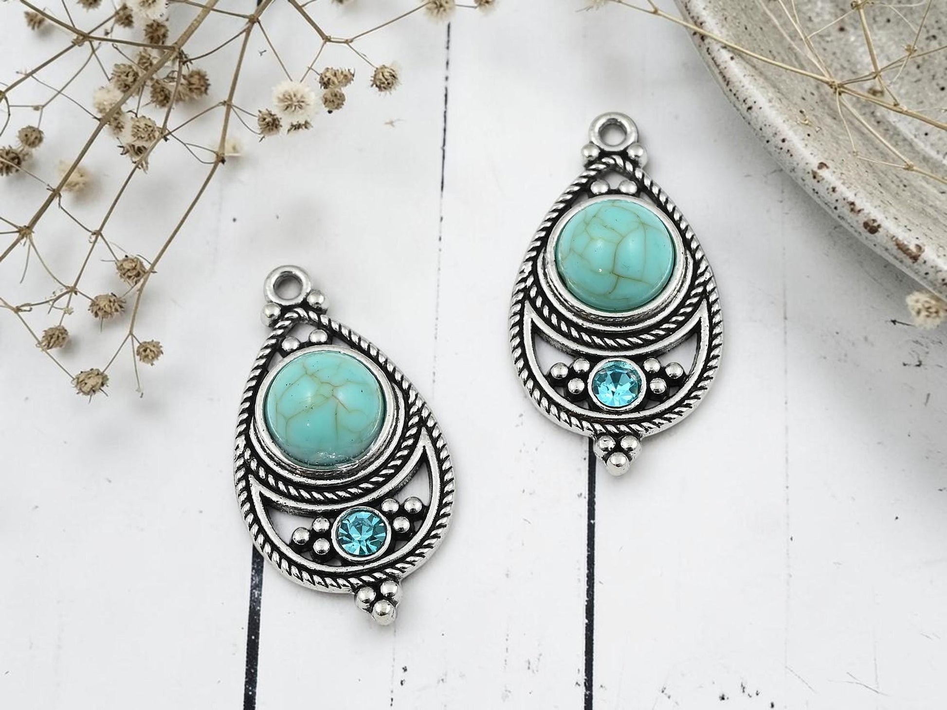 Antique Silver with Green Turquoise + Rhinestone Metal Charm Pendants - 34x18mm - 2pcs - (2176)