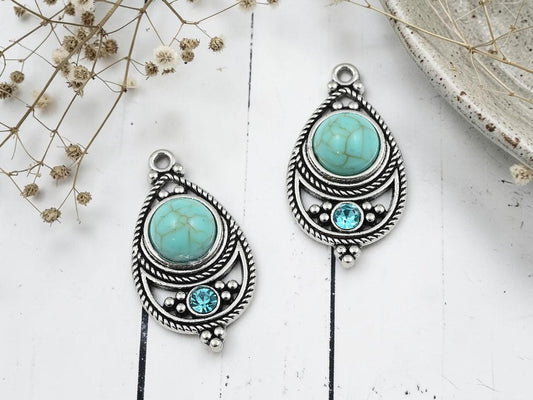 Antique Silver with Green Turquoise + Rhinestone Metal Charm Pendants - 34x18mm - 2pcs - (2176)