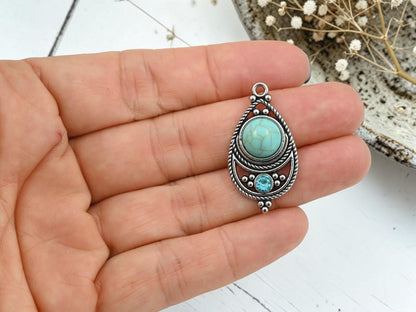 Antique Silver with Green Turquoise + Rhinestone Metal Charm Pendants - 34x18mm - 2pcs - (2176)