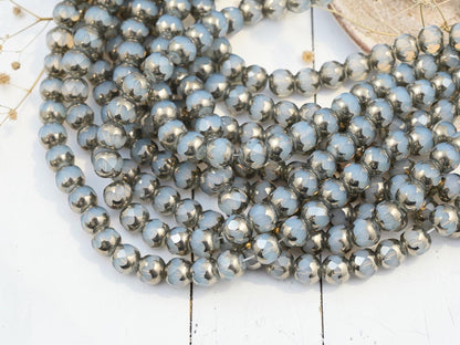 Electroplated Chinese Glass Faceted Round Beads - Silver Plated Crystal Opalite - 7x8mm - 11" Strand - (3483)