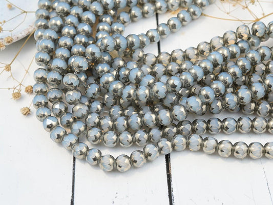 Electroplated Chinese Glass Faceted Round Beads - Silver Plated Crystal Opalite - 7x8mm - 11" Strand - (3483)