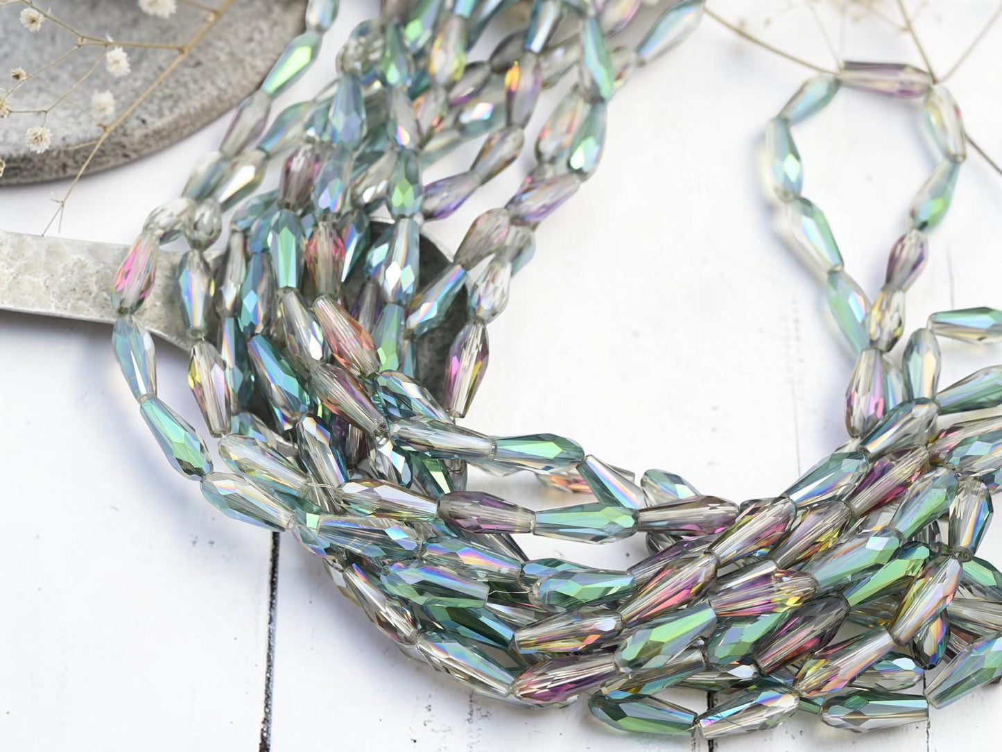 Electroplated Chinese Glass Faceted Teardrop Beads - Gray Crystal Rainbow - 15x6mm - 26" Strand - (B37)