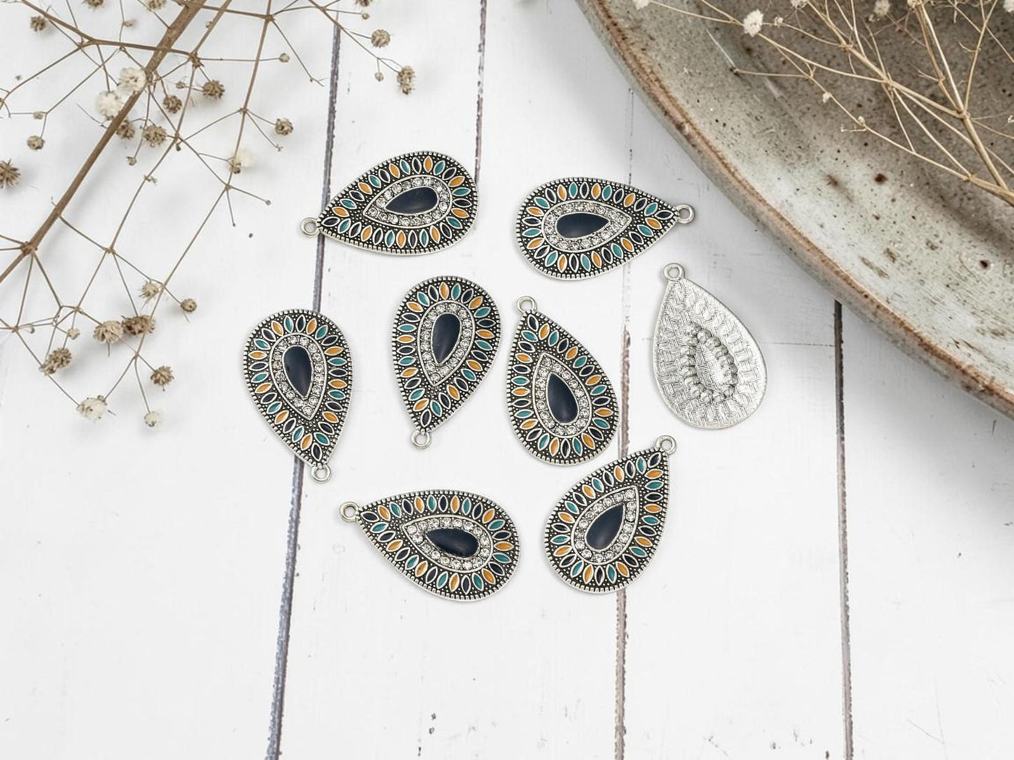 Antique Silver Multi Color Enamel Teardrop Pendant Charms - 5pcs - 38x22mm - (3191)