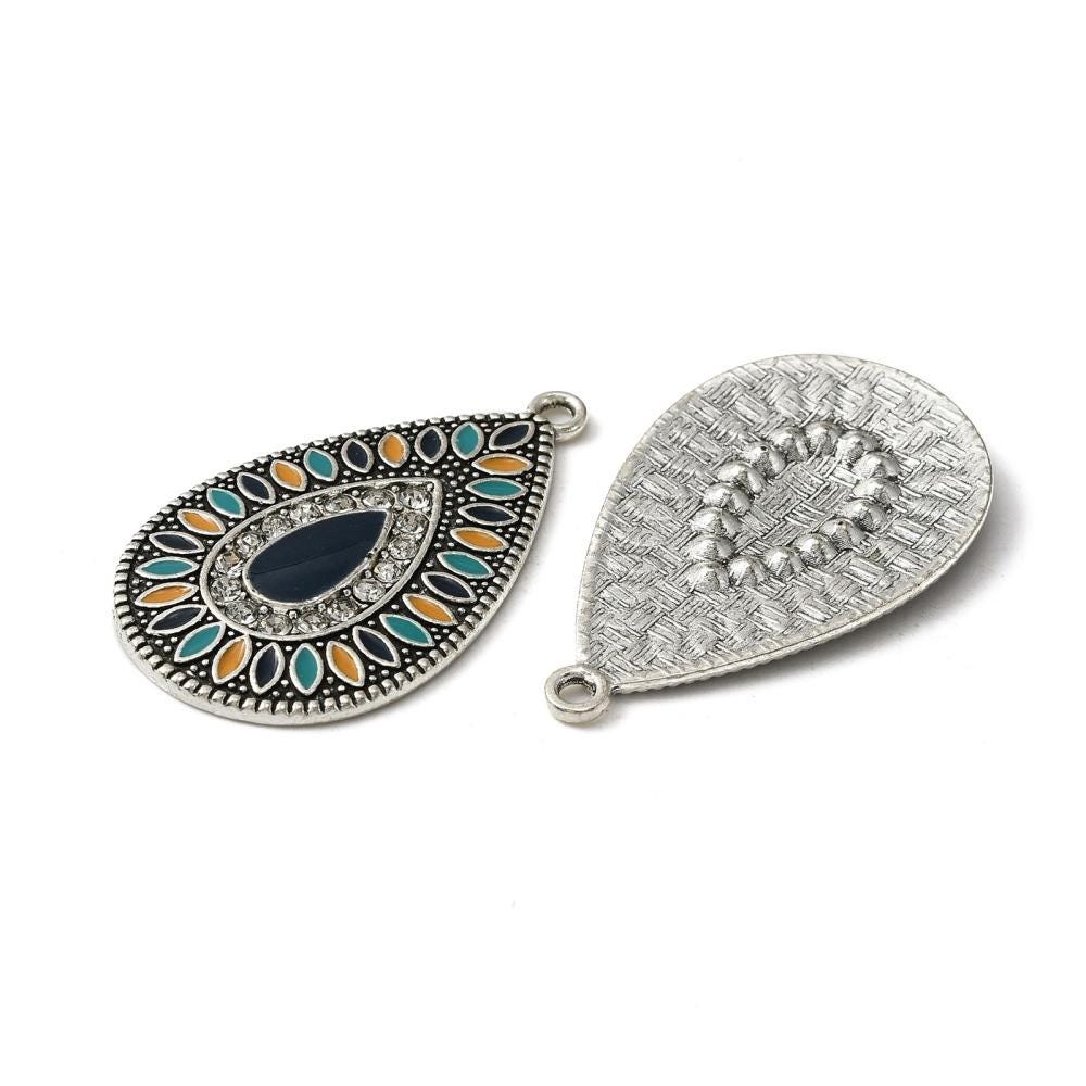 Antique Silver Multi Color Enamel Teardrop Pendant Charms - 5pcs - 38x22mm - (3191)