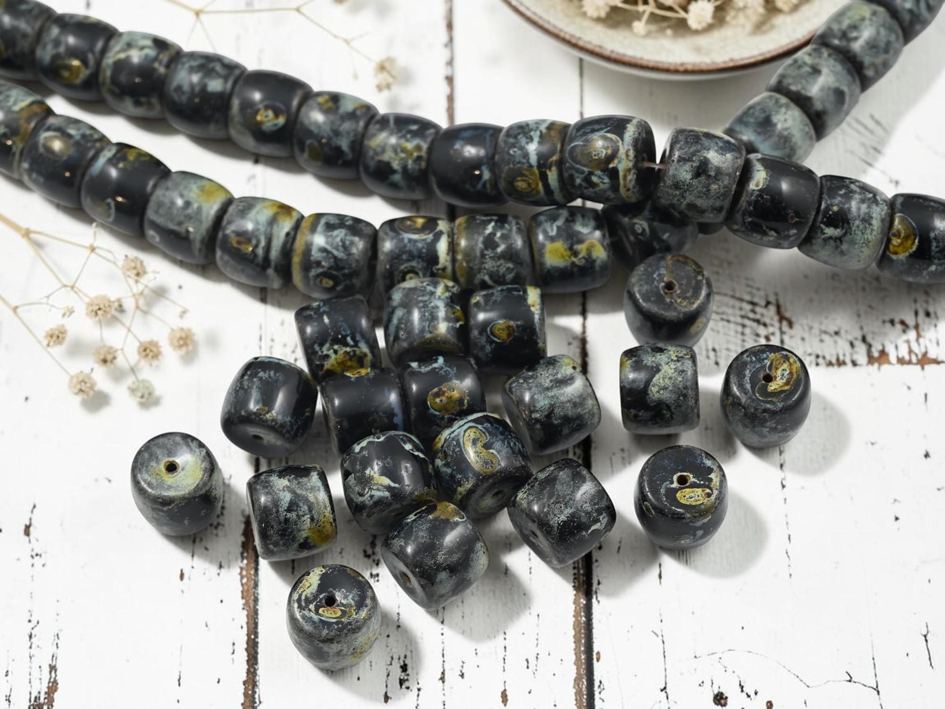 Vintage Old Stock Czech Glass Large Picasso Barrel Beads - Jet Black Travertine - 13x11mm - 6pcs - (A489)