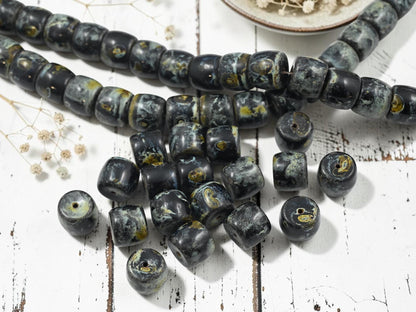 Vintage Old Stock Czech Glass Large Picasso Barrel Beads - Jet Black Travertine - 13x11mm - 6pcs - (A489)