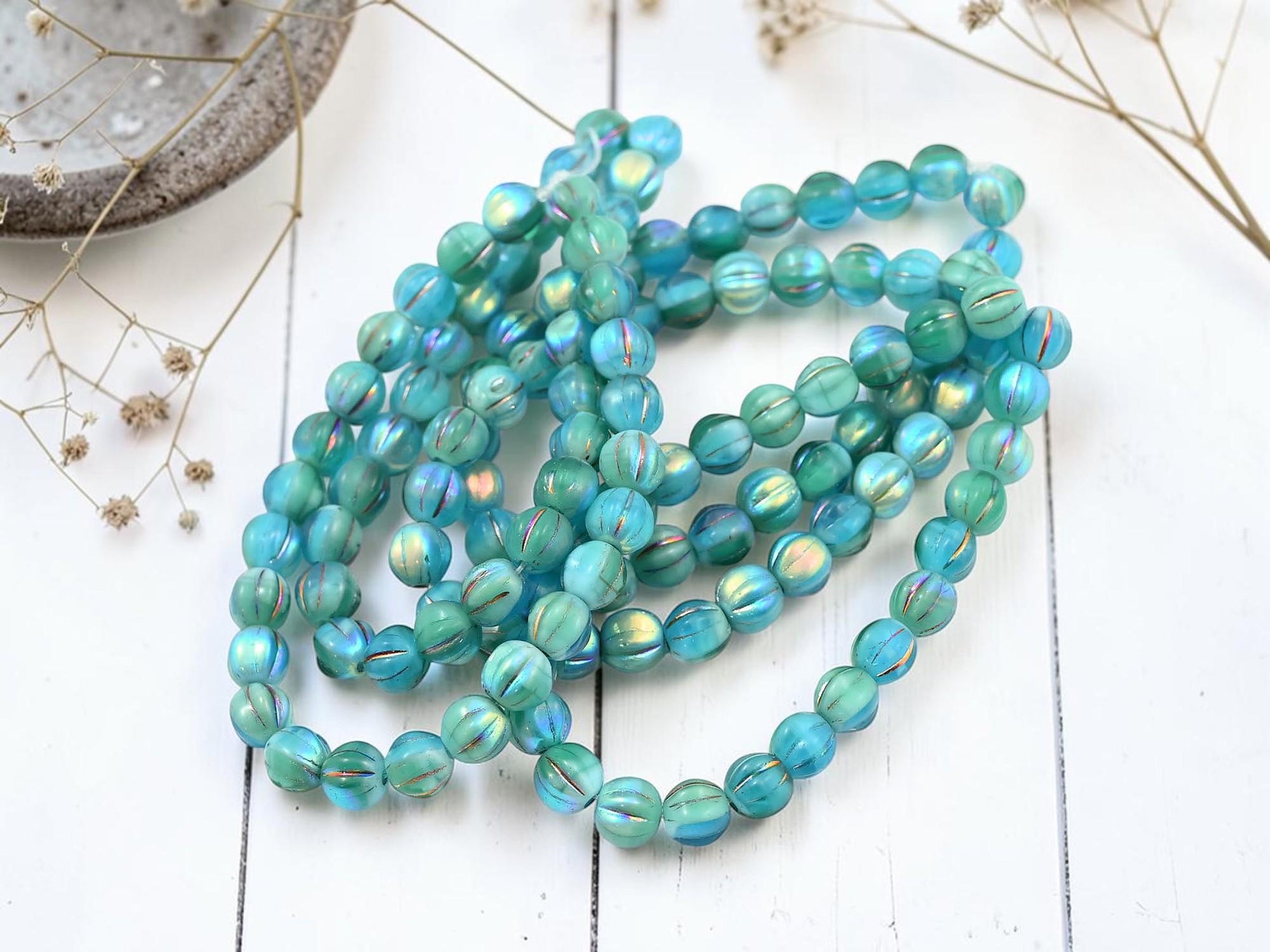 6mm Czech Glass Round Melon Beads - Blue Turquoise - 25pcs - (4564)