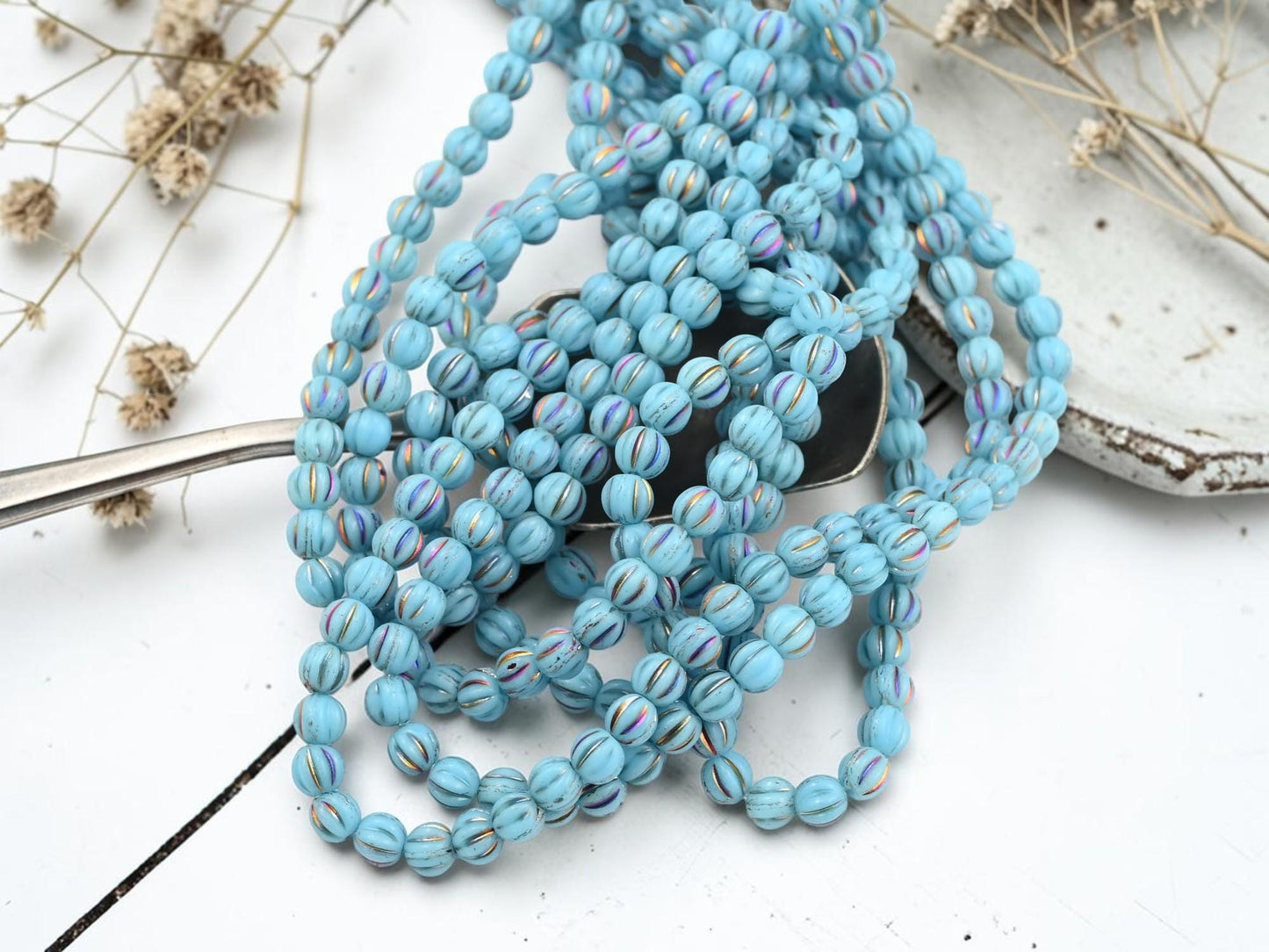 Czech Glass 4mm Round Melon Beads - Metallic Rainbow Sky Blue - 50pcs - (5934)