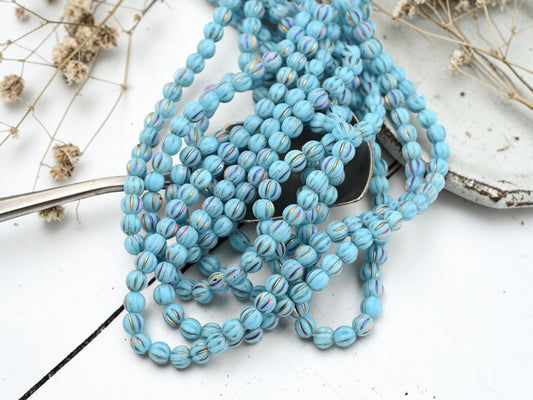 Czech Glass 4mm Round Melon Beads - Metallic Rainbow Sky Blue - 50pcs - (5934)