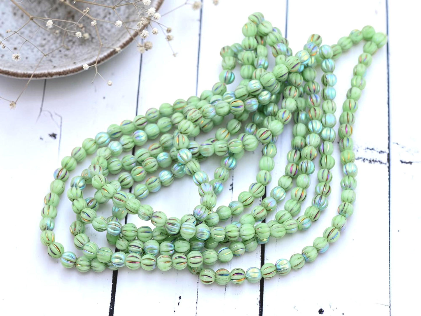 Czech Glass 4mm Round Melon Beads - Metallic Rainbow Tea green - 50pcs - (5361)