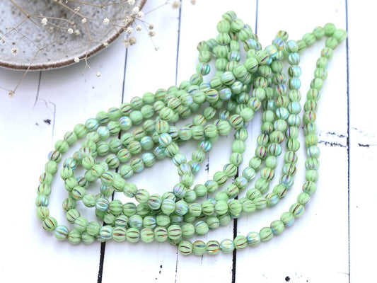 Czech Glass 4mm Round Melon Beads - Metallic Rainbow Tea green - 50pcs - (5361)