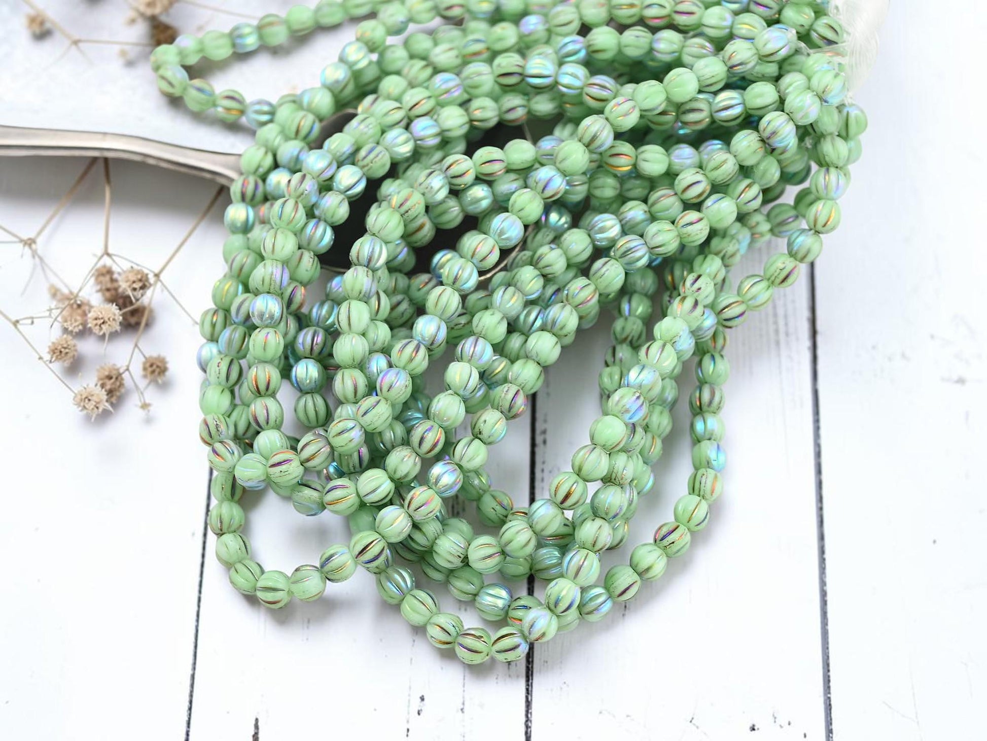 Czech Glass 4mm Round Melon Beads - Metallic Rainbow Tea green - 50pcs - (5361)