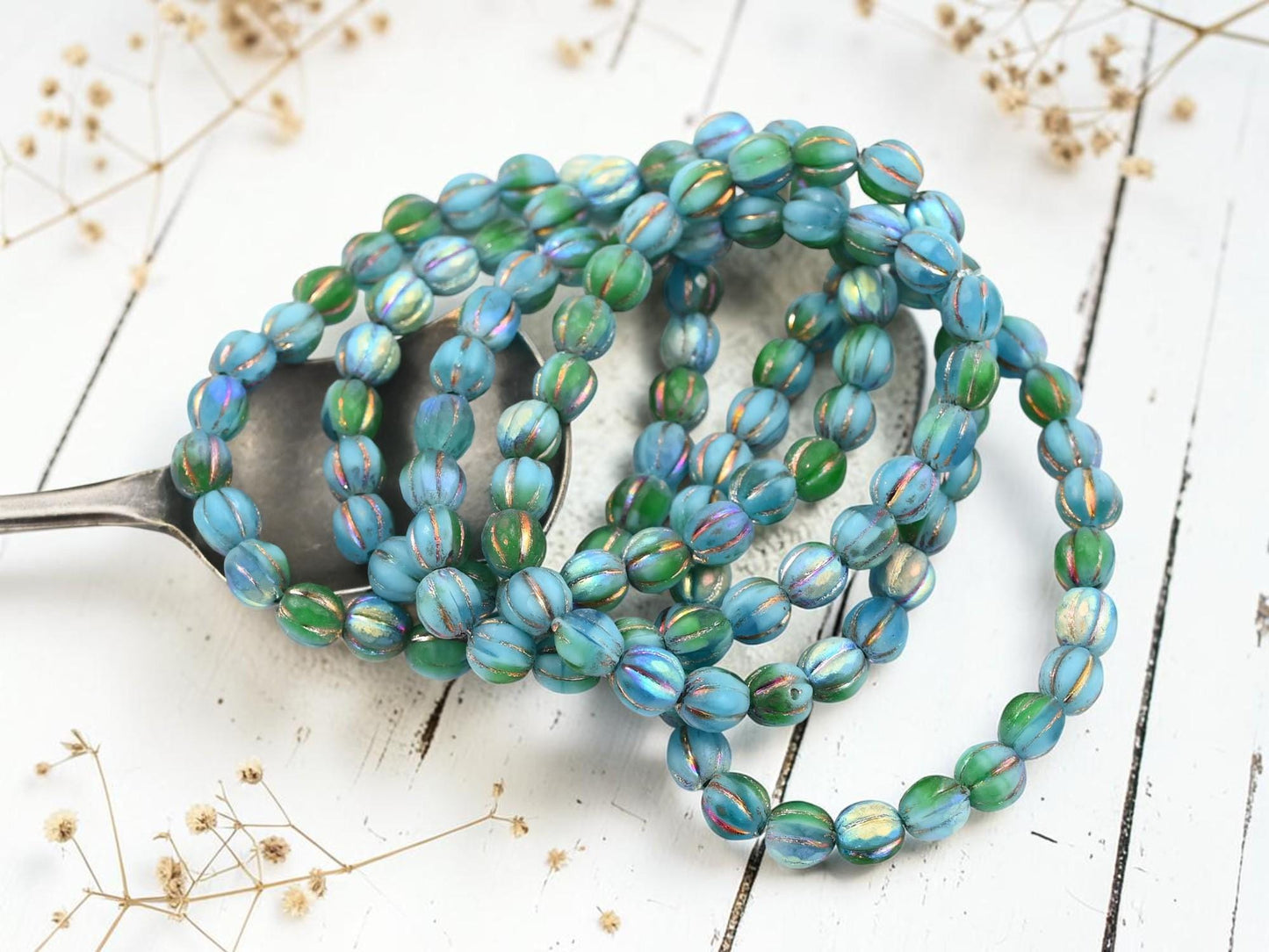 6mm Czech Glass Faceted Round Melon Beads - Blended Blue Green - 25pcs - (5306)