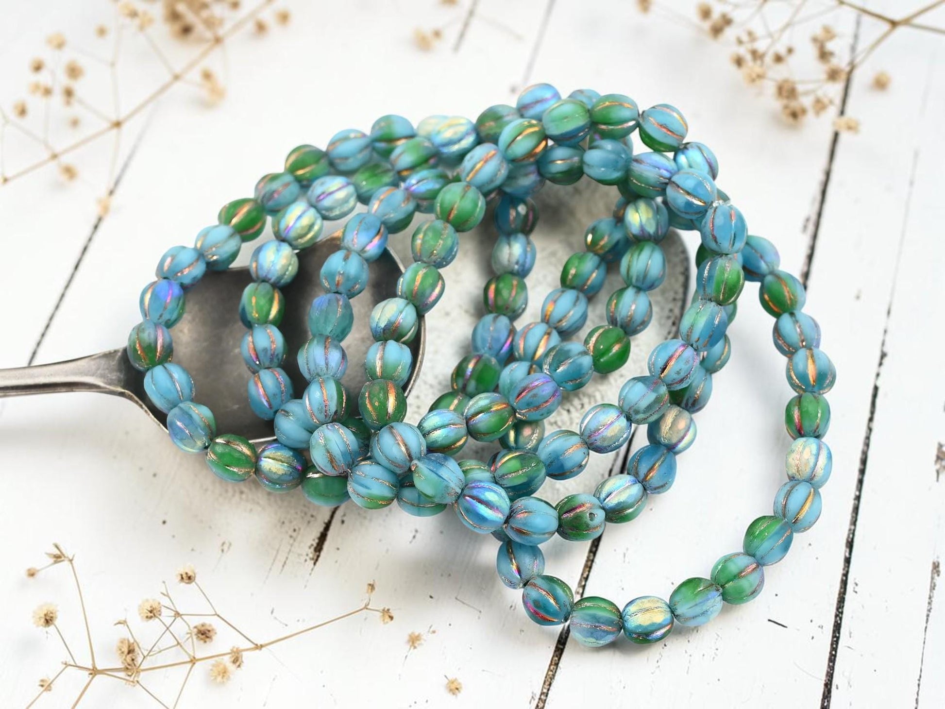 6mm Czech Glass Faceted Round Melon Beads - Blended Blue Green - 25pcs - (5306)