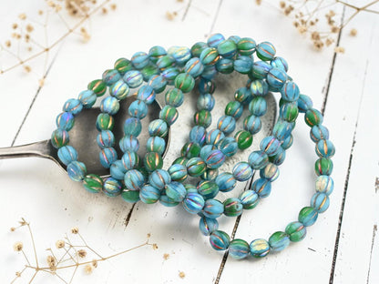 6mm Czech Glass Faceted Round Melon Beads - Blended Blue Green - 25pcs - (5306)