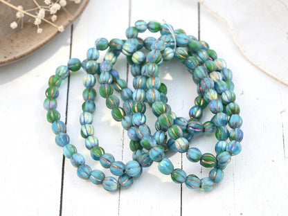 6mm Czech Glass Faceted Round Melon Beads - Blended Blue Green - 25pcs - (5306)