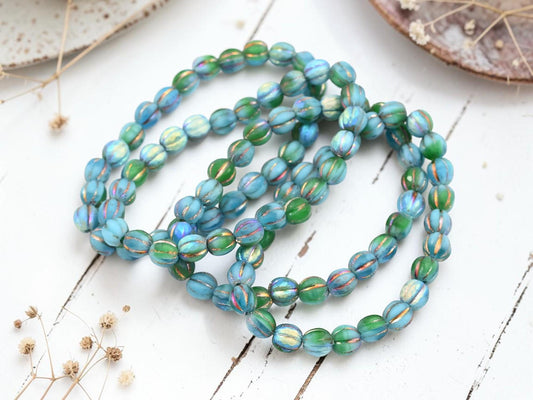 6mm Czech Glass Faceted Round Melon Beads - Blended Blue Green - 25pcs - (5306)