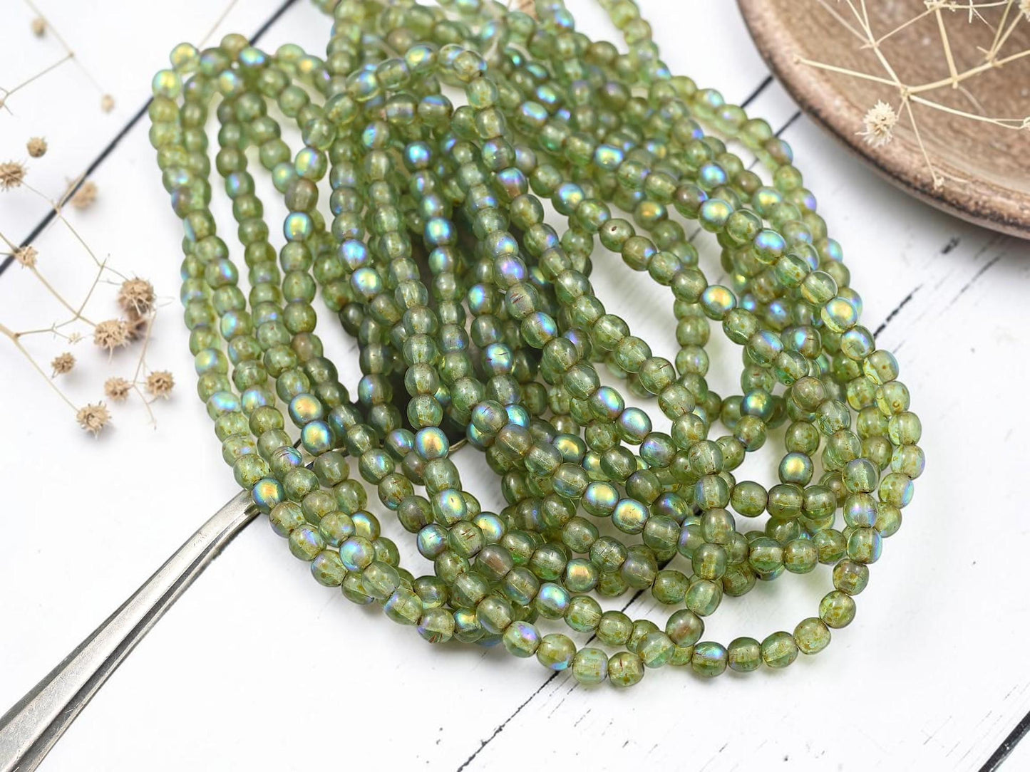 4mm Czech Glass Round Druk Beads - Sage Picasso - 50pcs - (B425)