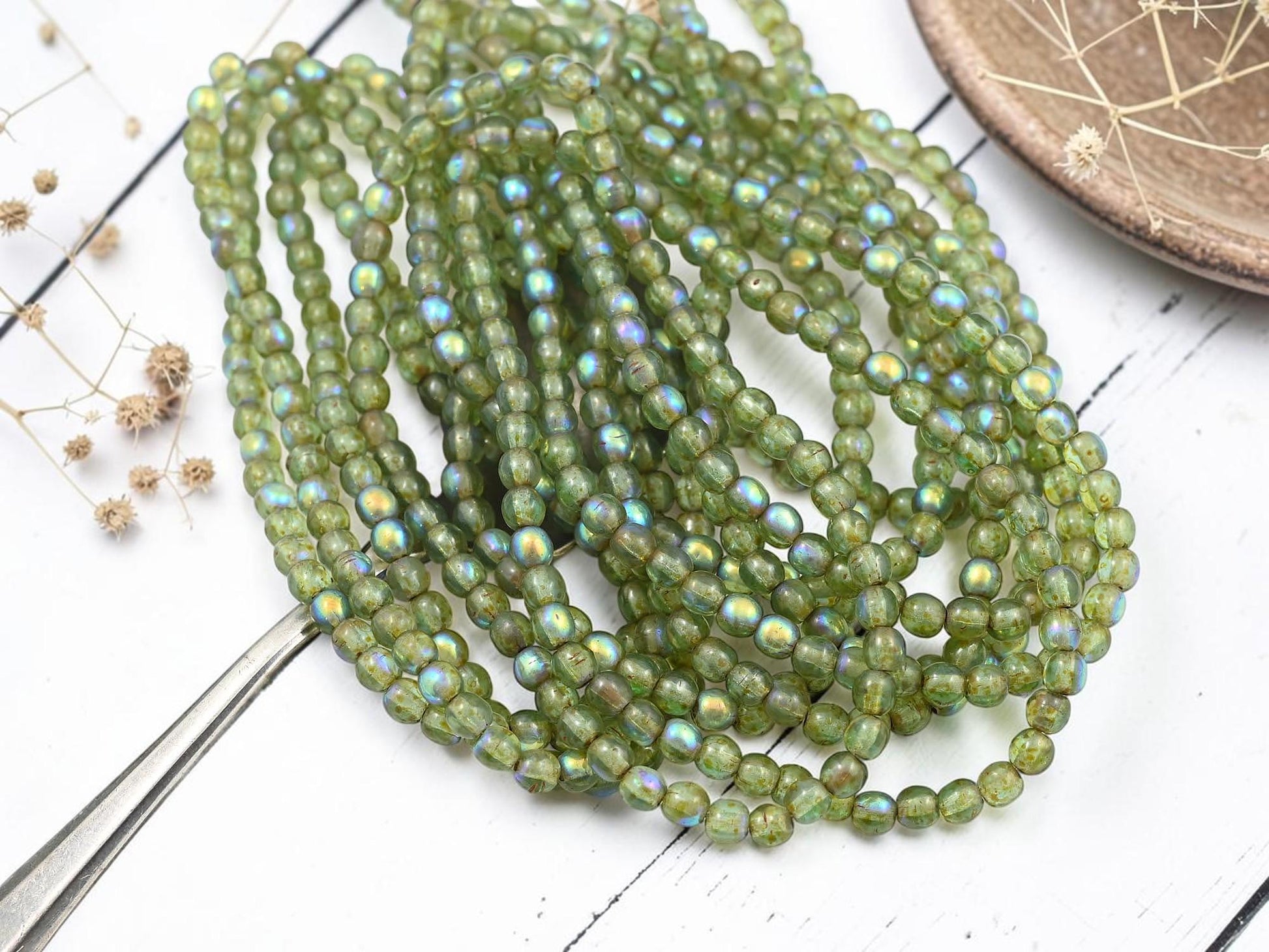 4mm Czech Glass Round Druk Beads - Sage Picasso - 50pcs - (B425)