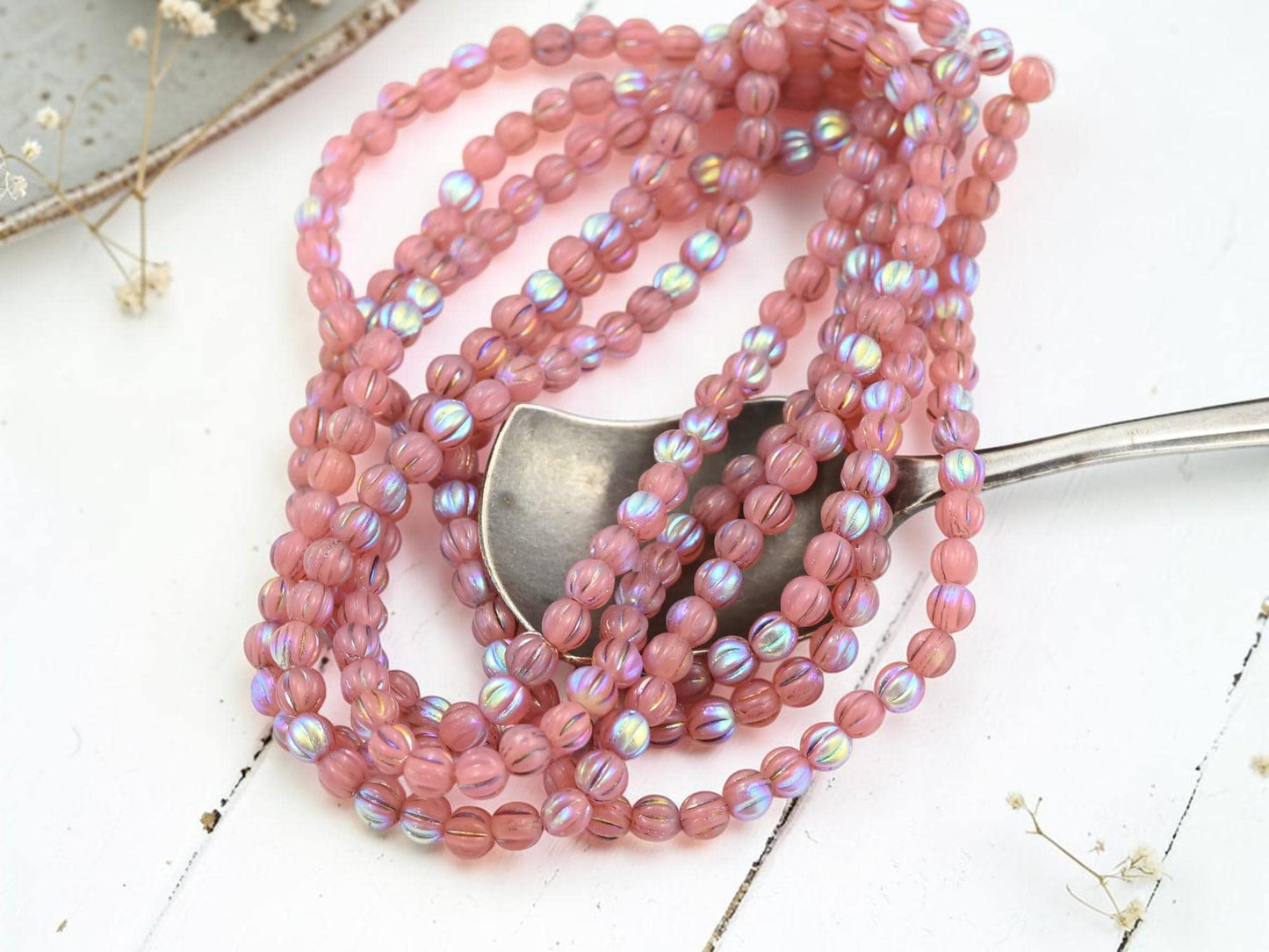 Czech Glass 4mm Round Melon Beads - Metallic Rainbow Dusty Rose Pink - 50pcs - (B789)