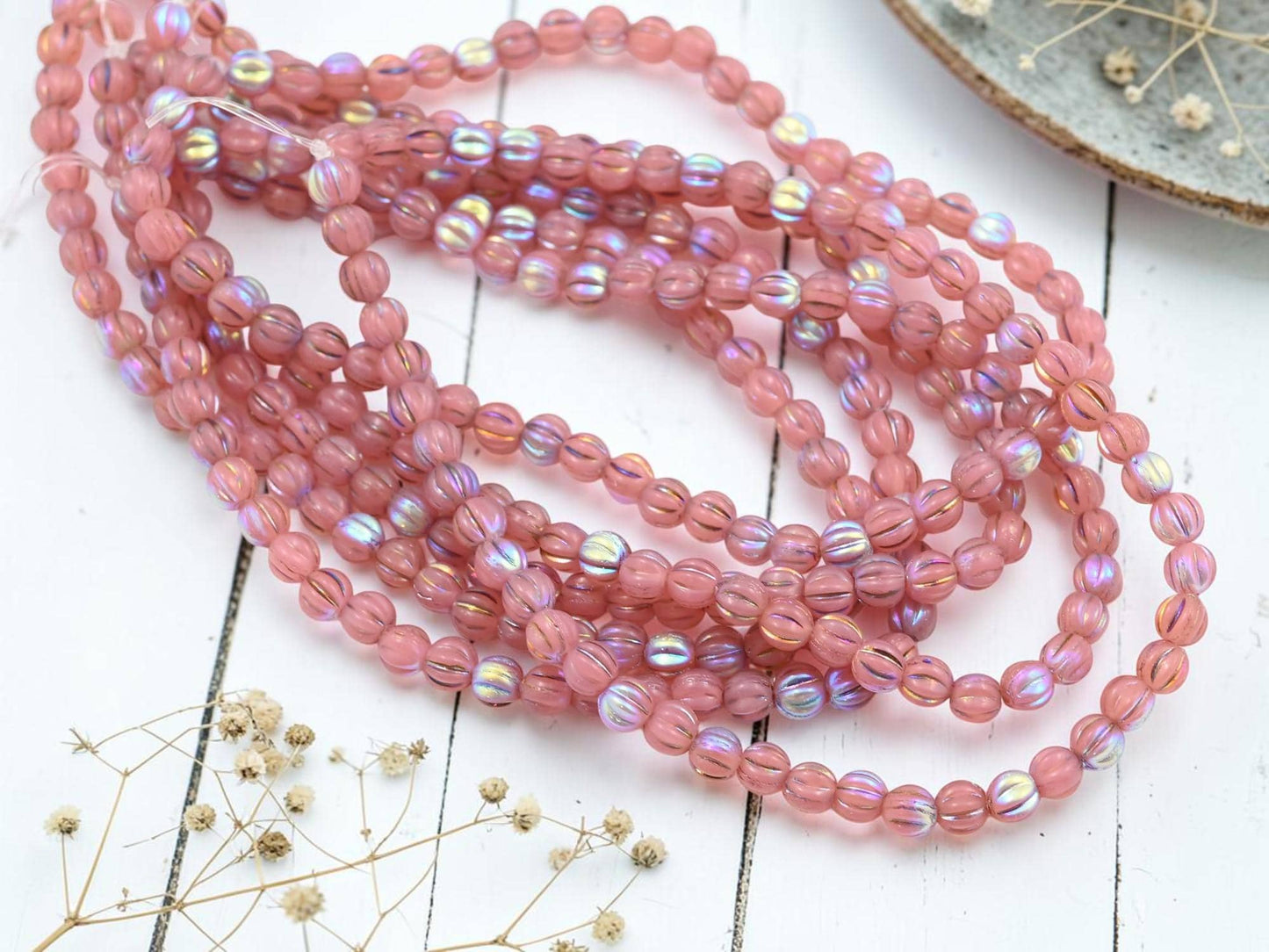 Czech Glass 4mm Round Melon Beads - Metallic Rainbow Dusty Rose Pink - 50pcs - (B789)