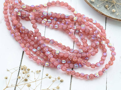 Czech Glass 4mm Round Melon Beads - Metallic Rainbow Dusty Rose Pink - 50pcs - (B789)