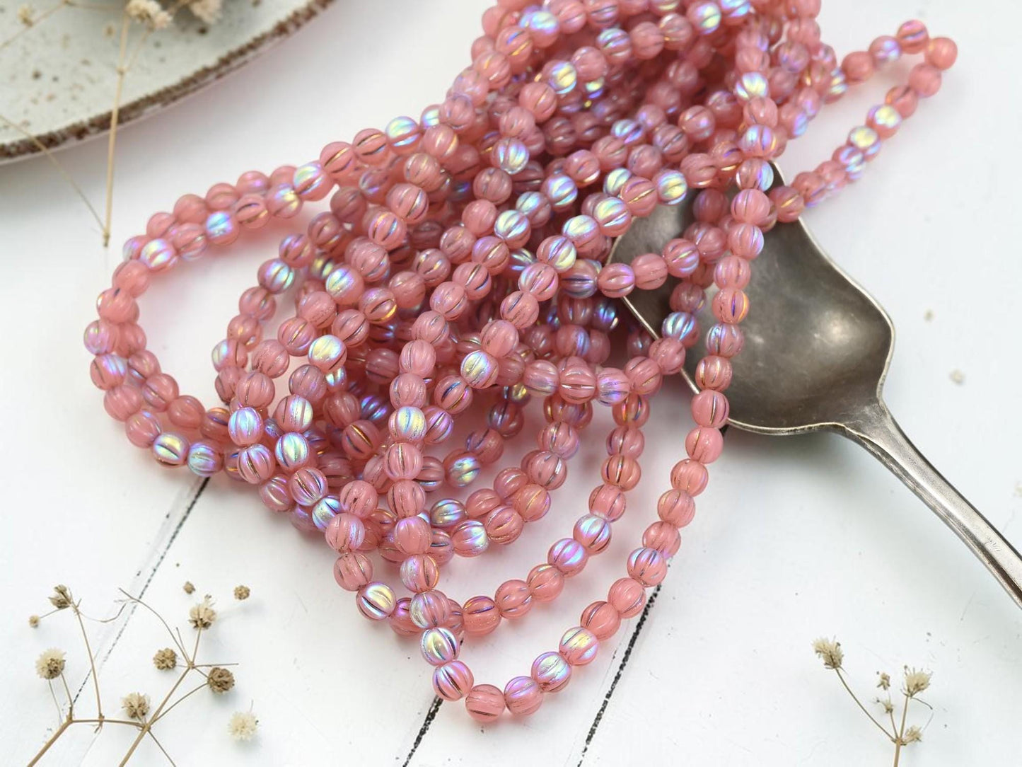 Czech Glass 4mm Round Melon Beads - Metallic Rainbow Dusty Rose Pink - 50pcs - (B789)
