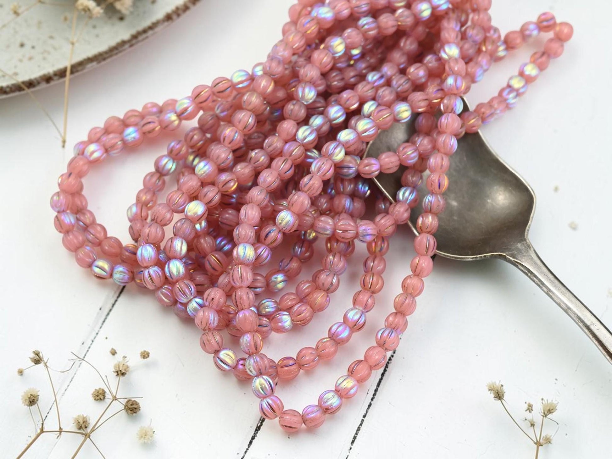 Czech Glass 4mm Round Melon Beads - Metallic Rainbow Dusty Rose Pink - 50pcs - (B789)