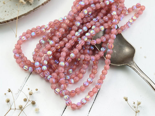 Czech Glass 4mm Round Melon Beads - Metallic Rainbow Dusty Rose Pink - 50pcs - (B789)