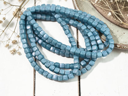 Czech Glass Cube Beads - Slate Blue Picasso - 4mm - 40pcs - (B751)
