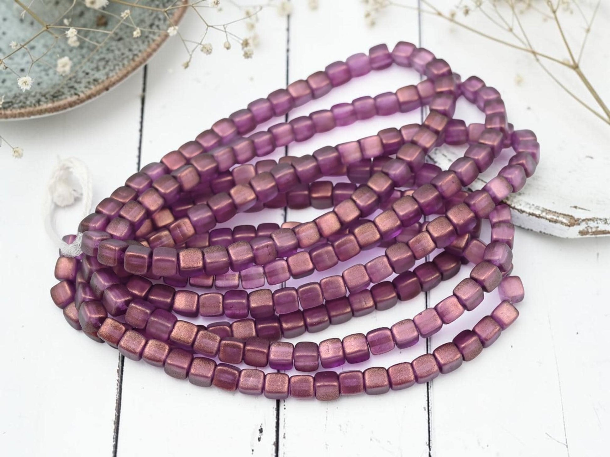 Czech Glass Cube Beads - Bronzed Washed Amethyst - 4mm - 40pcs - (5543)