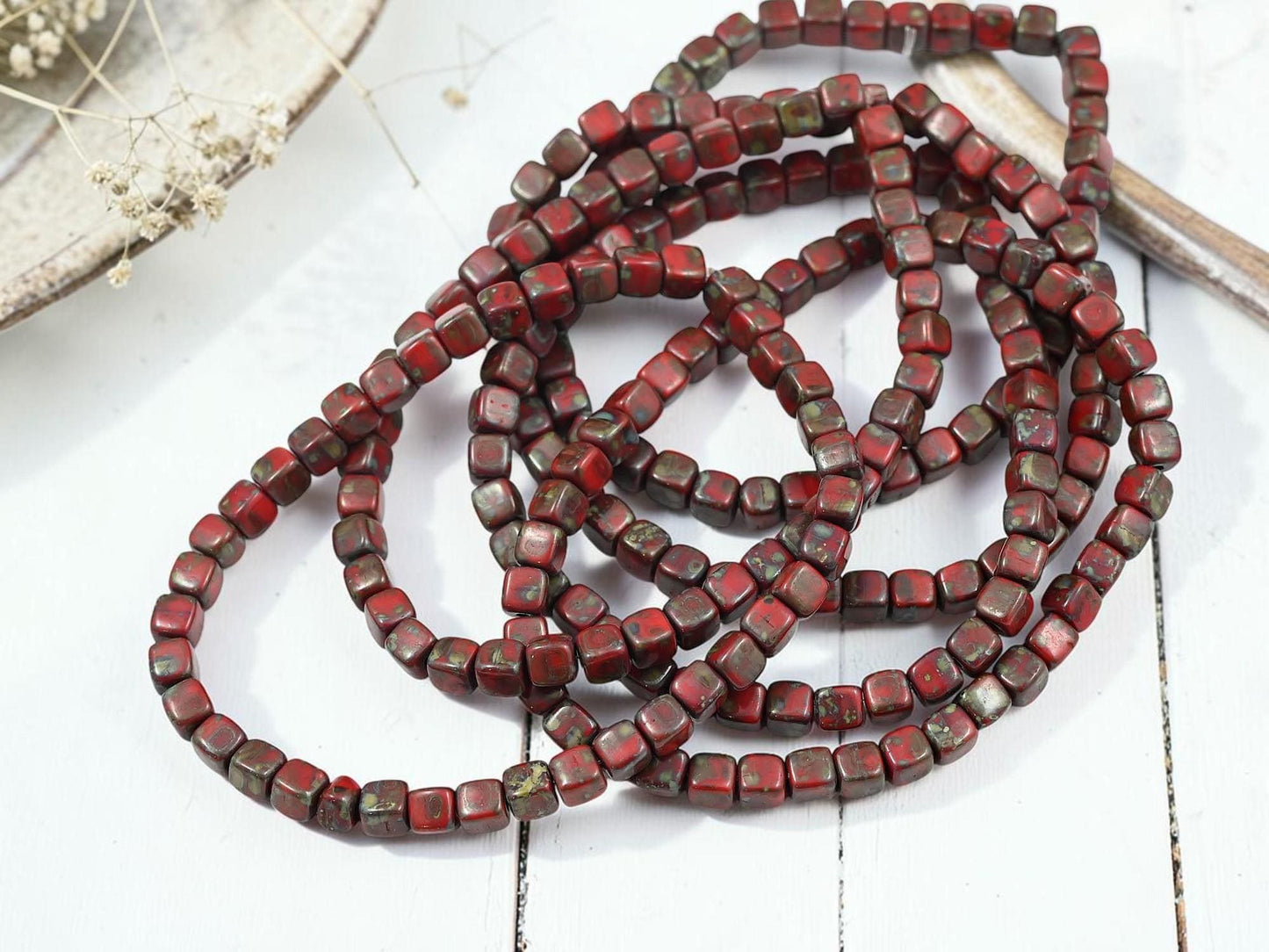 Czech Glass Cube Beads - Opaque Red Picasso - 4mm - 40pcs - (B277)