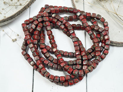 Czech Glass Cube Beads - Opaque Red Picasso - 4mm - 40pcs - (B277)