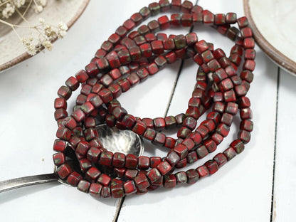 Czech Glass Cube Beads - Opaque Red Picasso - 4mm - 40pcs - (B277)