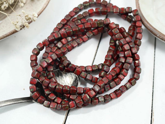 Czech Glass Cube Beads - Opaque Red Picasso - 4mm - 40pcs - (B277)