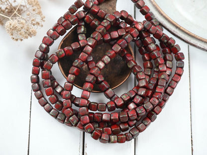 Czech Glass Cube Beads - Opaque Red Picasso - 4mm - 40pcs - (B277)