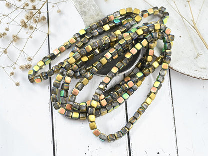 Czech Glass Cube Beads - Gold + Silver AB Washed Crystal - 4mm - 40pcs - (B398)