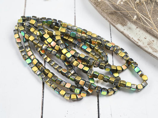 Czech Glass Cube Beads - Gold + Silver AB Washed Crystal - 4mm - 40pcs - (B398)
